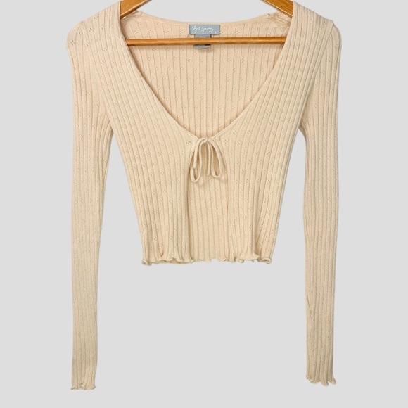 Sky and Sparrow Tops - 90s Ribbed Knit Tie Front Crop Top XS Beige Pointelle Long Lettuce Hem